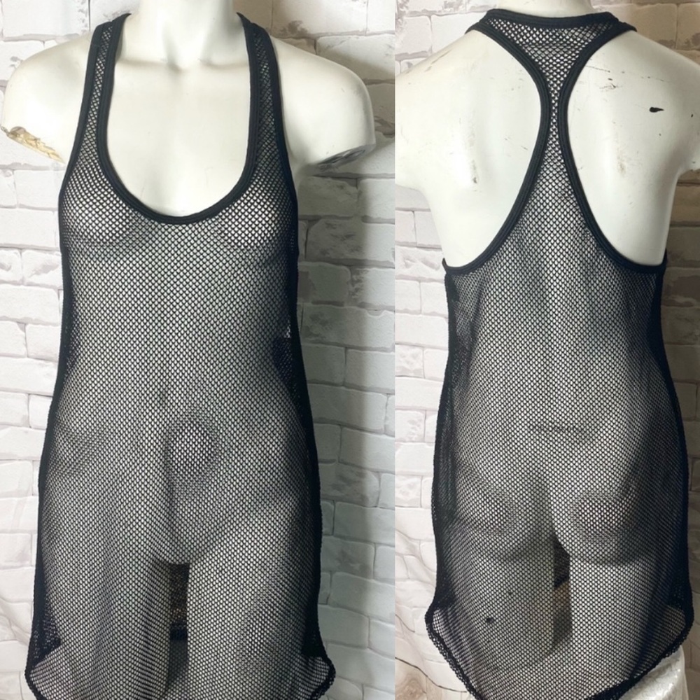 fishnet mesh Swim Suit cover up tank dress M black